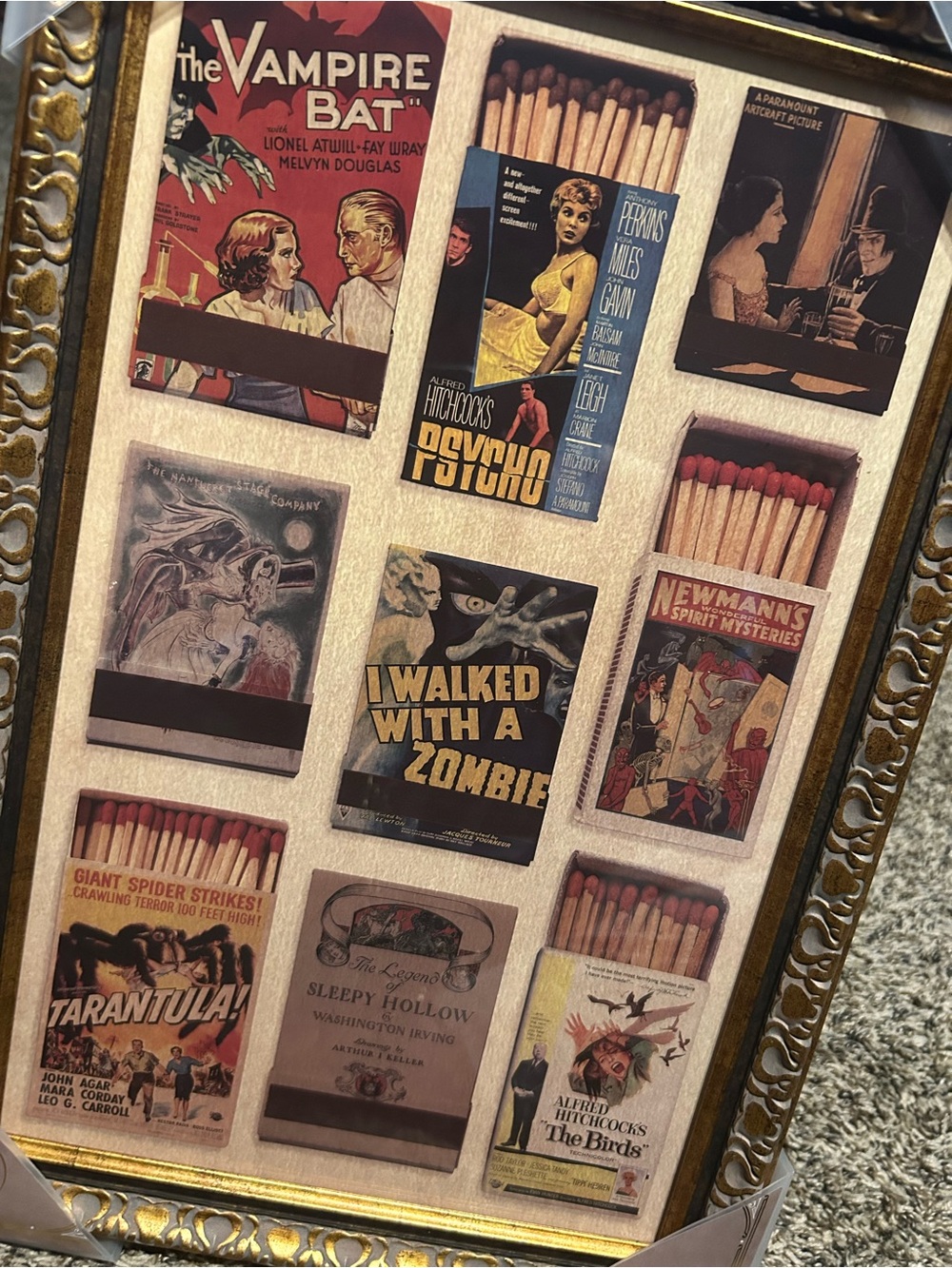 Vintage Horror Matchbox Art Poster Print - Gold Accent Frame, Multicolor